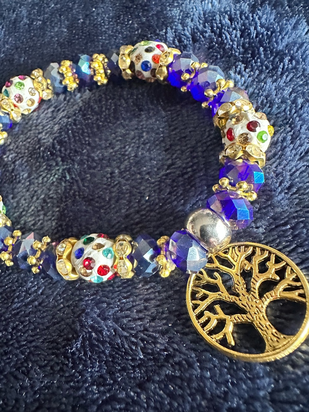 Gold Tree of Life Charm Bracelet with Cobalt Blue Crystal Beads stretchy
